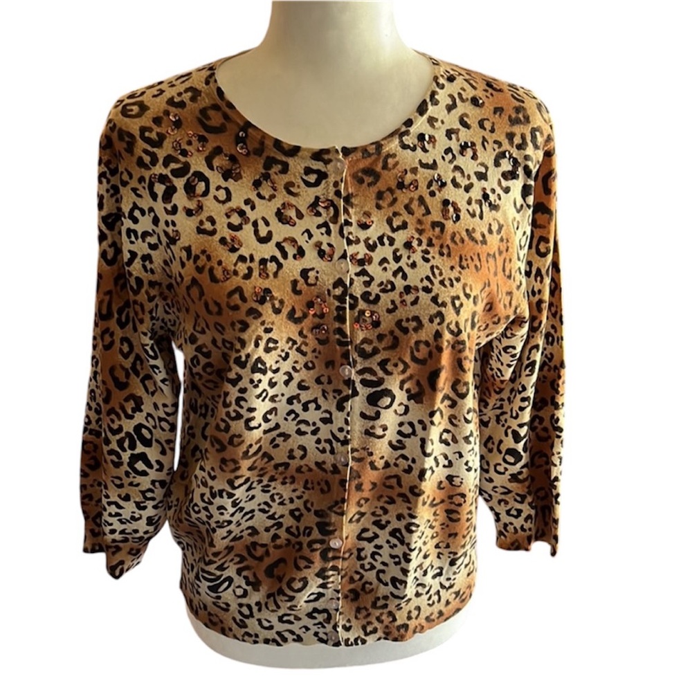 Spenser Jeremy Silk Leopard Print Sequin Beaded Cardigan Size L